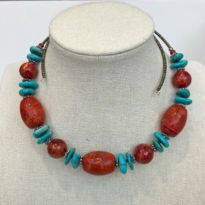 Turquoise, jasper and silver choker necklace